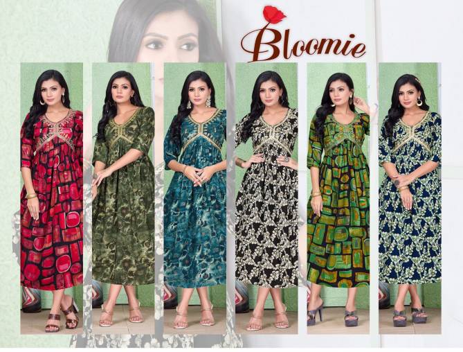 Jlf Bloomie Bombay Foil Printed Rayon Alia Cut Kurtis Catalog
